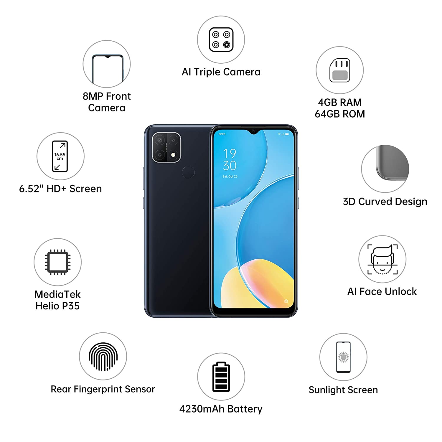 Oppo A15S (Dynamic Black, 4GB RAM, 64GB Storage)