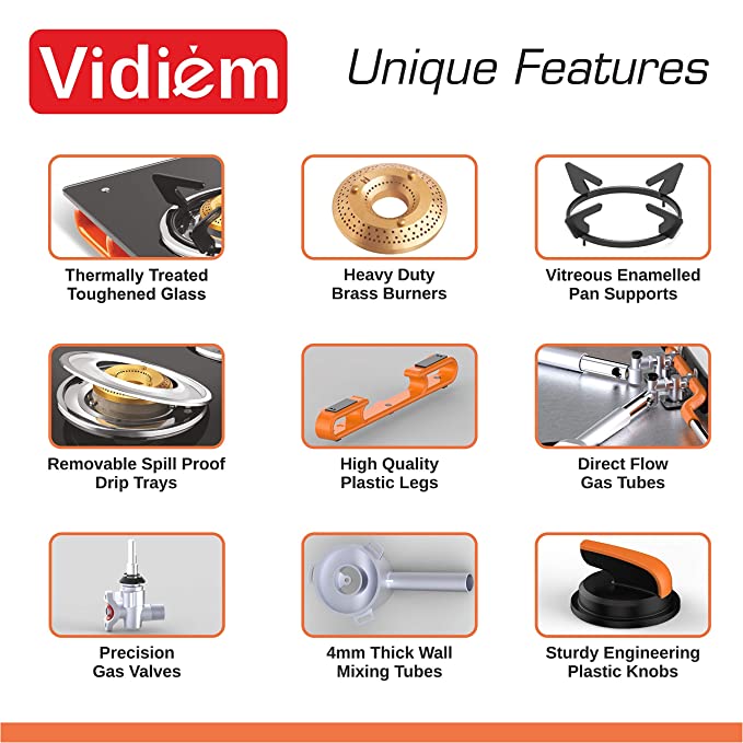 Vidiem GS G2 120 A AIR Plus 2 Burner Frameless Gas Stove (Orange), Glass, Manual